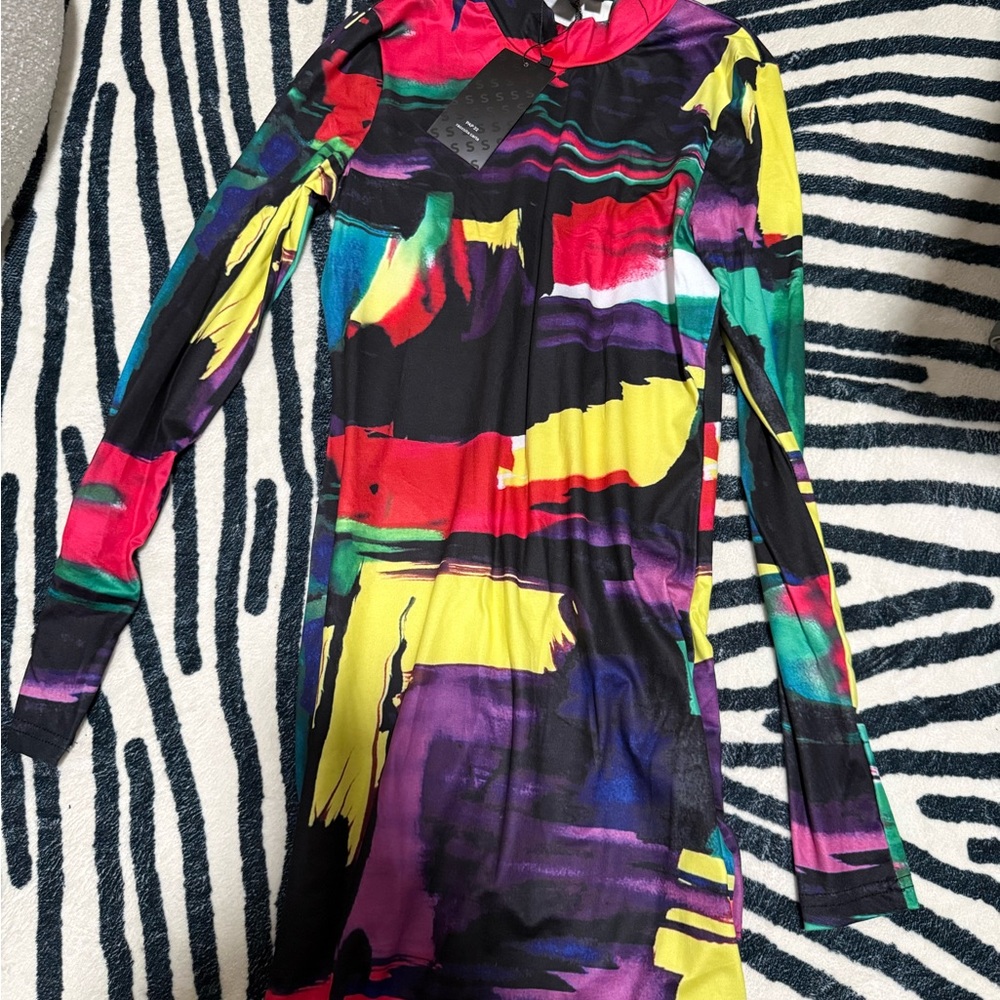 SHEIN Multicolor Abstract Long Sleeve Dress